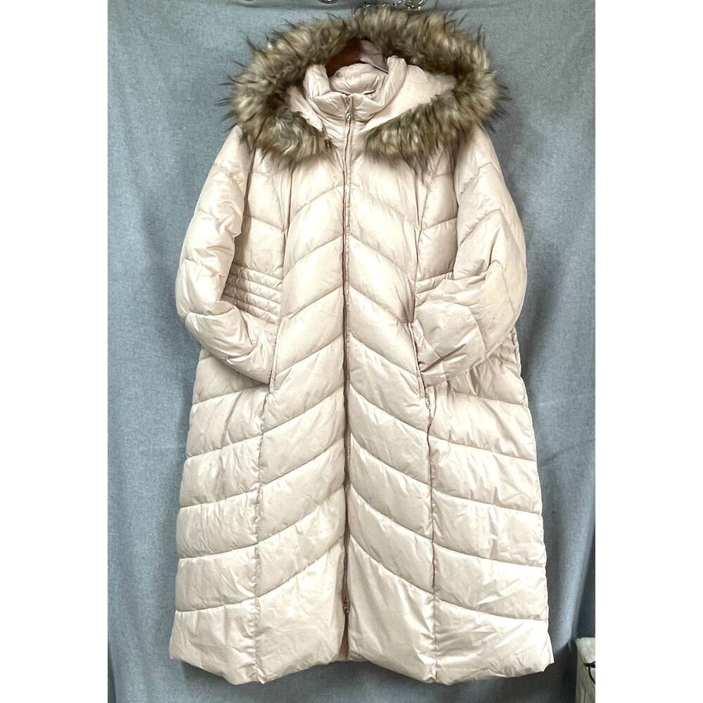 Gallery New York 3X Long Puffer Coat Birch Faux Fur Hood Plus Size NWT
